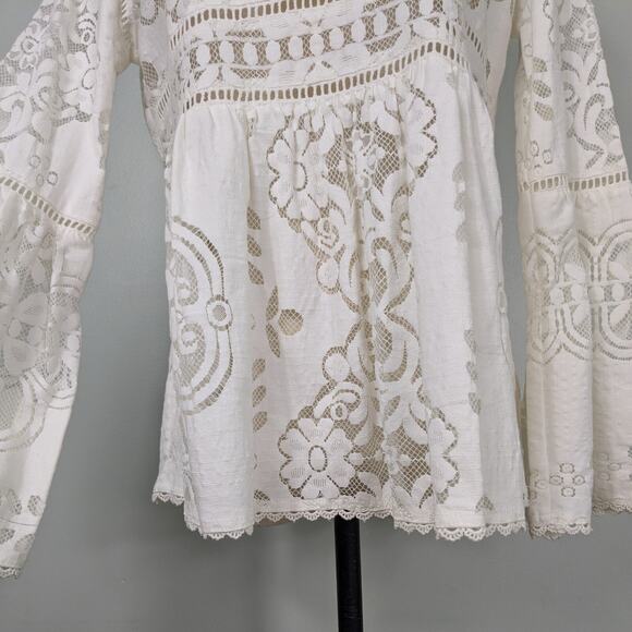 Spell Crochet Clover Lace Top Cream S Boho Hippie Floral Bell Flare Sheer Blouse - Picture 7 of 12